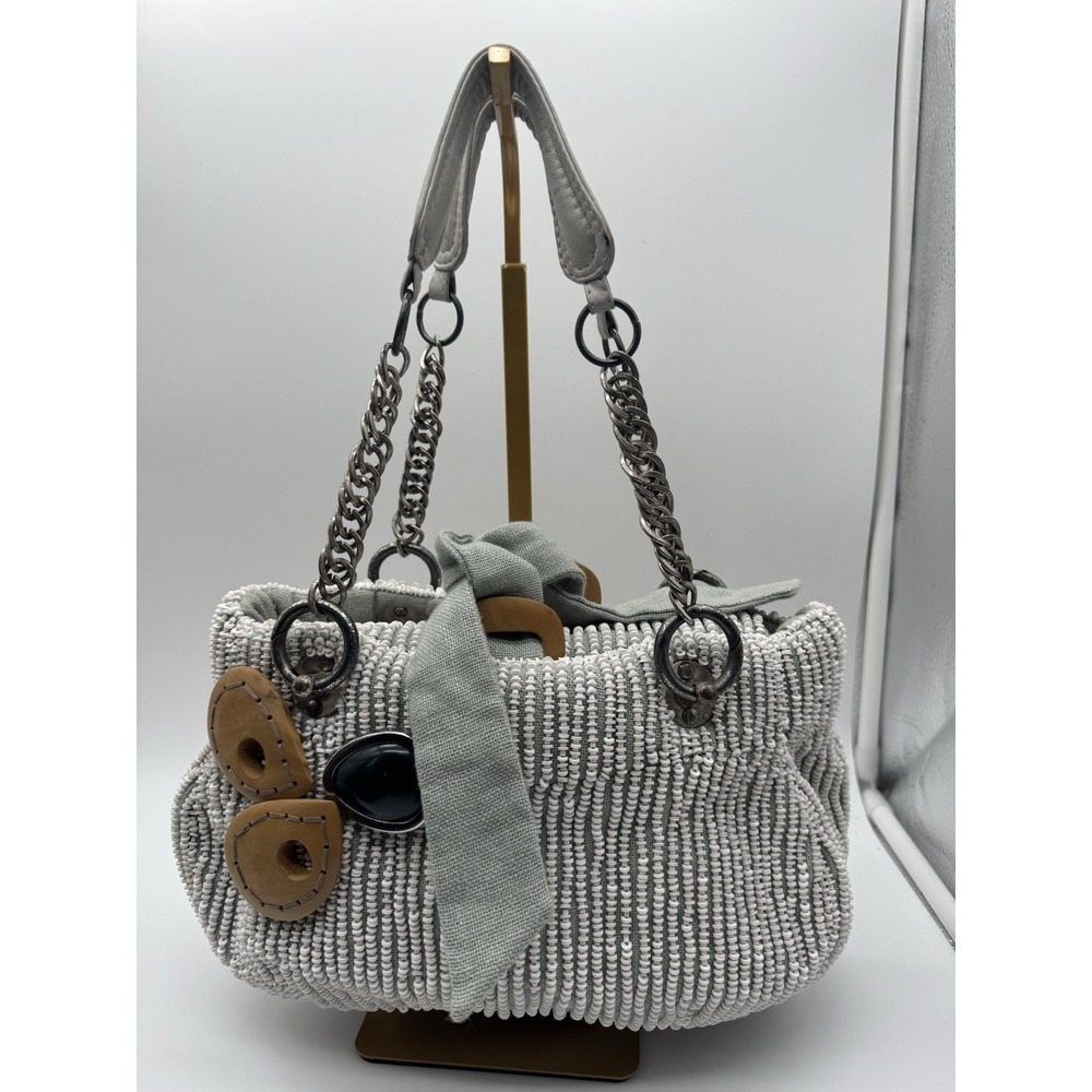 Jamin‎ Puech Beaded Shoulder Bag Ivory Wood Stone Chain Designer
